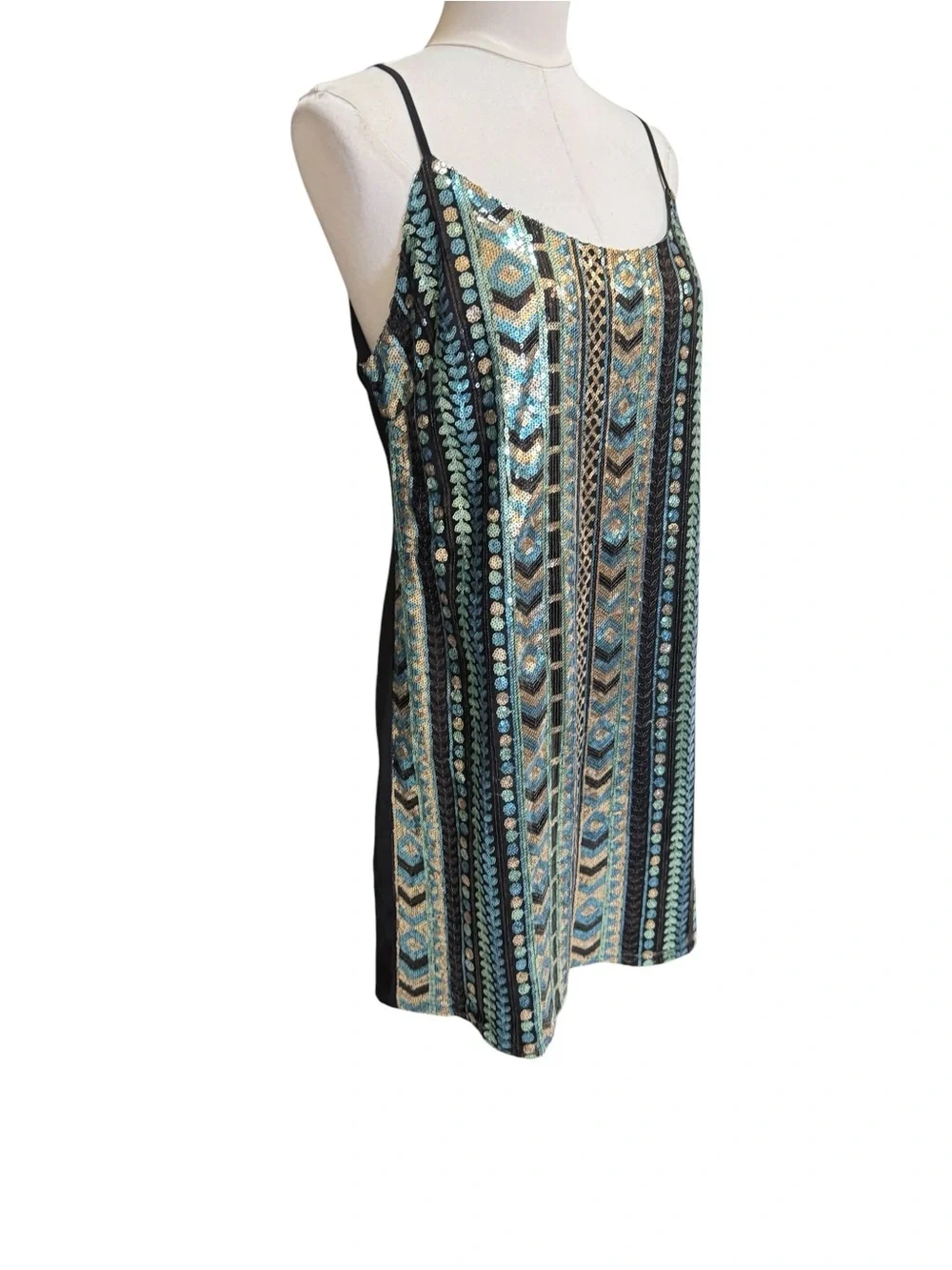 Forever 21 Contemporary Sequin Mini Dress Black Blue Gold Geometric Open Back L